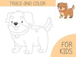 spoor en kleur kleur boek met hond voor kinderen. kleur bladzijde met tekenfilm pup. vector illustratie voor kinderen.