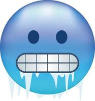verkoudheid emoji. bevriezing emoticon, ijzig blauw gezicht met gestrooid tanden, ijspegels en sneeuw pet vector