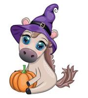 schattig paard, pony in een Purper heks hoed, met een bezem, pompoen, toverdrank. halloween kaart voor de vakantie vector