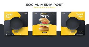 food of culinaire social media marketingsjabloon. bewerkbare vierkante sociale media-post voor promotie. illustratie vector met realistische hamburger en zwarte plaat.