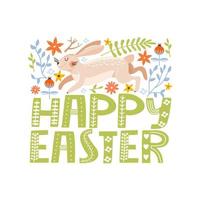 gelukkig Pasen groet kaart met schattig konijn, bloemen, bladeren en belettering. konijn rennen Aan een bloemen achtergrond. vector illustratie voor kaart, uitnodiging, poster, folder enz.
