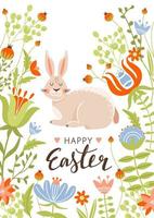 gelukkig Pasen groet kaart. voorjaar floristisch kader grens, konijn en elegant belettering. vector illustratie voor kaart, uitnodiging, poster, folder enz.