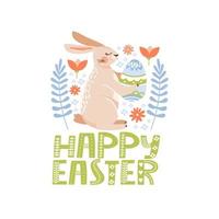 gelukkig Pasen groet kaart met schattig konijn, ei, bloemen, bladeren en belettering. konijn Holding een ei. vector illustratie voor kaart, uitnodiging, poster, folder enz.
