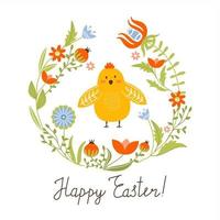 gelukkig Pasen groet kaart met schattig tekenfilm kip, bloemen, bladeren en belettering. vector illustratie voor kaart, uitnodiging, poster, folder enz.