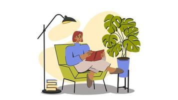 een meisje in een knus fauteuil leest een boek onder een verdieping lamp. vector vlak illustratie