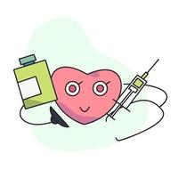 vlak vector illustratie, schattig hart Holding vaccin injectie met stethoscoop en pil container.
