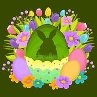 Pasen illustratie met konijn, bloemen, Pasen eieren, achtergrond, banier of seizoensgebonden kaart, voorjaar illustratie, vakantie illustratie vector