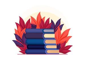 lezing een interessant boek, wereld boek dag, kinderen boek dag, illustratie van een stack van boeken, abstract bloemen, vector