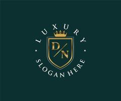 eerste dn brief Koninklijk luxe logo sjabloon in vector kunst voor restaurant, royalty, boetiek, cafe, hotel, heraldisch, sieraden, mode en andere vector illustratie.