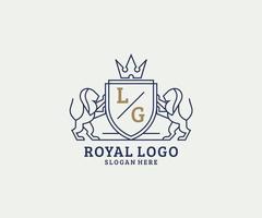 eerste lg brief leeuw Koninklijk luxe logo sjabloon in vector kunst voor restaurant, royalty, boetiek, cafe, hotel, heraldisch, sieraden, mode en andere vector illustratie.