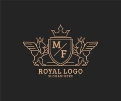 eerste mf brief leeuw Koninklijk luxe heraldisch, wapen logo sjabloon in vector kunst voor restaurant, royalty, boetiek, cafe, hotel, heraldisch, sieraden, mode en andere vector illustratie.