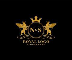 eerste NS brief leeuw Koninklijk luxe heraldisch, wapen logo sjabloon in vector kunst voor restaurant, royalty, boetiek, cafe, hotel, heraldisch, sieraden, mode en andere vector illustratie.