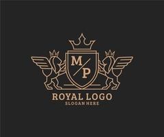 eerste smp brief leeuw Koninklijk luxe heraldisch, wapen logo sjabloon in vector kunst voor restaurant, royalty, boetiek, cafe, hotel, heraldisch, sieraden, mode en andere vector illustratie.