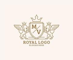 eerste mv brief leeuw Koninklijk luxe heraldisch, wapen logo sjabloon in vector kunst voor restaurant, royalty, boetiek, cafe, hotel, heraldisch, sieraden, mode en andere vector illustratie.