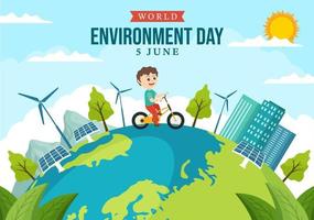 wereld milieu dag illustratie met kinderen en groen boom voor opslaan de planeet of nemen zorg van de aarde in hand- getrokken Sjablonen vector