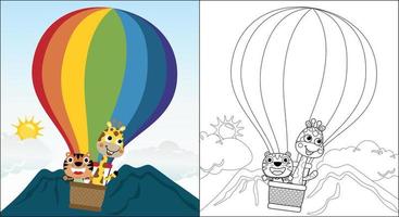 vector tekenfilm van grappig tijger met giraffe Aan heet lucht ballon, kleur boek of bladzijde