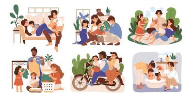 vlak stijl illustratie van moeder en vader nemen zorg van hun kinderen samen. concept van familie weekend activiteiten en multi etnisch familie. vector