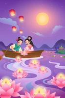 qixi festival spandoek. illustratie van koeherder zetten verlicht kaarsen op rivier- bloemen met wever meisje Aan boot vector