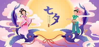 qixi festival banier in vlak stijl. illustratie van paar in traditioneel Chinese kostuums staand Aan vogelstand vliegend in bewolkt lucht met Chinese schoonschrift Aan maan. vertaling, Chinese valentijnsdag dag vector