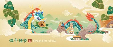 duanwu festival banier in vlak stijl. mensen genieten aan het eten rijst- knoedel en een Chinese draak bijten een te. Chinese vertaling, gelukkig draak boot festival Aan de 5e dag van de vijfde maan- maand vector