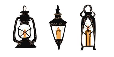 verlichting buitenshuis tuin stedelijk armatuur vlak set. voorkant straat lamp plek buiten binnen gebouw binnenplaats techniek straat. modern klassiek gotisch stijl vector