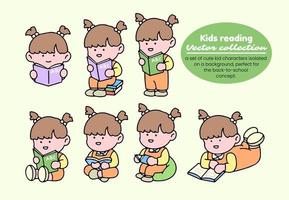 een schattig meisje karakter, lezing een boek, aan het studeren en aan het doen huiswerk, geïsoleerd Aan een achtergrond, voor een terug naar school concept. vector