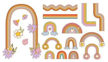 reeks van retro groovy regenbogen met bloemen. funky illustratie in wijnoogst hippie stijl. vector