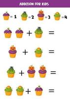 toevoeging met grappige halloween cupcakes. wiskundige spellen. vector