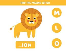 zoek de ontbrekende letter en schrijf deze op. schattige cartoon leeuw. vector