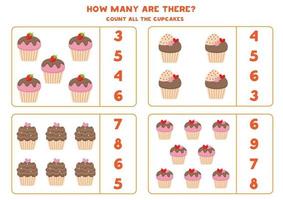 wiskundig spel met cupcakes. tel en omcirkel het juiste antwoord. vector