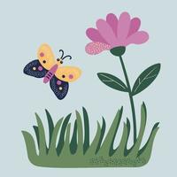 bloem, vlinder, gras. vector illustratie van gestileerde planten en insecten in de vlak stijl.