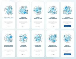 migrerende werknemersrechten blauw onboarding mobiele app paginascherm met concepten ingesteld vector