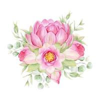 roze lotus bloemen. waterverf illustratie. samenstelling met lotus. Chinese water lelie. ontwerp voor de ontwerp van uitnodigingen, film affiches, stoffen en andere artikelen. vector