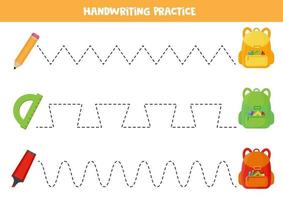 traceerlijnen voor kinderen. het oefenen van schrijfvaardigheid voor kleuters. schoolspullen vector