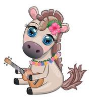 mooi hoor paard, pony in bloem lauwerkrans, hoed, gitaar, hula danser van Hawaii. zomer kaart voor de festival, reizen banier vector