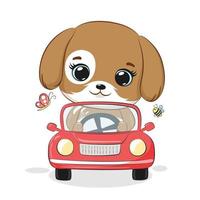 schattig hondje Aan de auto. tekenfilm vector illustratie.