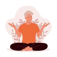 ouderen Mens met Gesloten ogen mediteren in yoga lotus houding. spanning bewustzijn maand. de concept van zen en harmonie. mentaal Gezondheid bewustzijn maand. vector