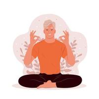 ouderen Mens met Gesloten ogen mediteren in yoga lotus houding. spanning bewustzijn maand. de concept van zen en harmonie. mentaal Gezondheid bewustzijn maand. vector