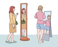 een vrouw staat voor een passpiegel en kijkt naar zichzelf. hand getrokken stijl vector ontwerp illustraties.