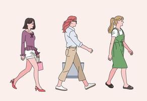 casual stijl vrouwen lopen. hand getrokken stijl vector ontwerp illustraties.