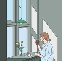 een vrouw zit bij het raam van een café en drinkt koffie. hand getrokken stijl vector ontwerp illustraties.