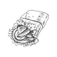 hand getekend schetsen stijl burrito inpakken met groenten en vlees stukken geïsoleerd Aan wit achtergrond. snel voedsel illustratie. wijnoogst tekening. element voor de ontwerp van etiketten, verpakking en ansichtkaarten. vector