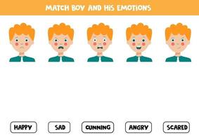combineer gezichtsuitdrukkingen van jongen met emoties. logisch werkblad. vector