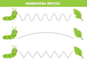 handschriftoefening voor kinderen. schattige groene rups en gebeten bladeren. vector