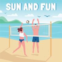 vrienden spelen strandvolleybal sociale media post mockup. zon en leuke zin. web banner ontwerpsjabloon. booster, inhoudslay-out met inscriptie. poster, gedrukte advertenties en platte illustratie vector