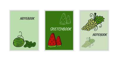 Hoes notitieboekje met watermeloen, druiven. Sjablonen natuurlijk patroon. bladeren, tak, groen kleur. vector