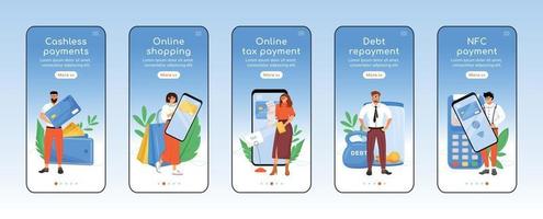 modern belastingbetalingssysteem onboarding mobiele app scherm platte vector sjabloon. financiële technologie walkthrough website stappen met karakters. ux, ui, gui smartphone cartoon-interface, set hoesjes