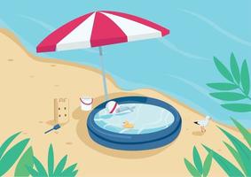 opblaasbaar zwembad en parasol op zandstrand egale kleur vectorillustratie. parasol, zandkasteel en kinderzwembad. zomervakantie. zeekust 2d cartoon landschap met water op de achtergrond vector