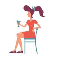 retro elegante jonge vrouw met cocktail egale kleur vector anonieme karakter. ouderwetse vrouwelijke persoon. rockabilly stijl dame in rode jurk zitten, alcohol drinken geïsoleerde cartoon illustratie