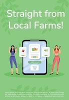 boerderijproducten online bestellen poster platte vector sjabloon. groenten en fruit kopen mobiele app-brochure, boekje conceptontwerp van één pagina met stripfiguren. verse groenten flyer, folder